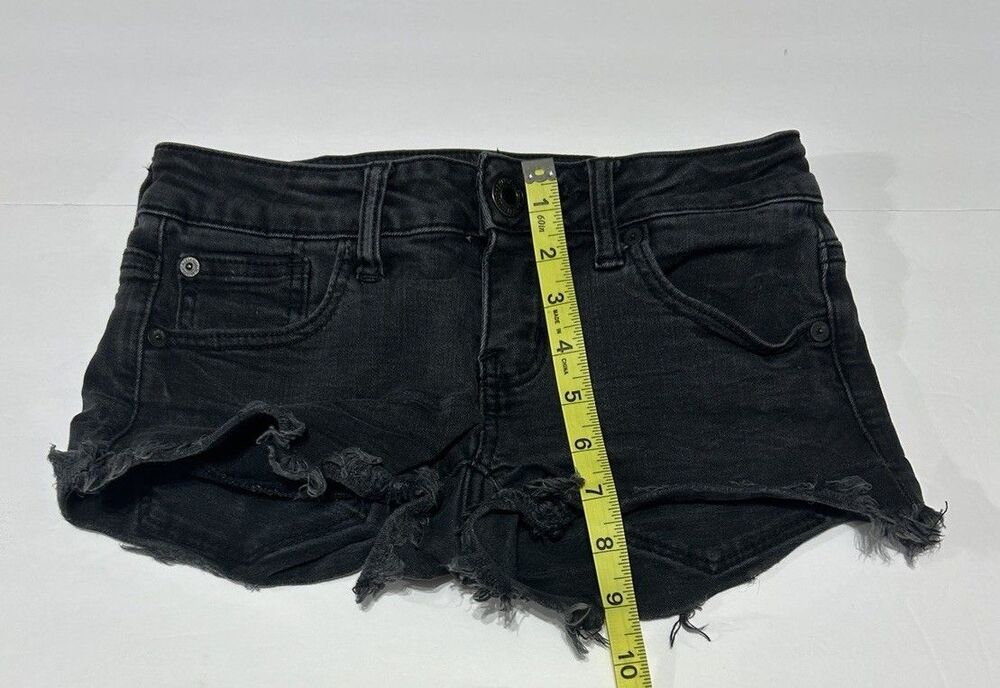 American Eagle Super Low Shortie Denim Shorts Women's Size 0 Black Frayed Cutoff - Picture 4 of 7